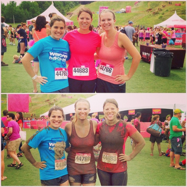 My friends and I before and after the race. Check out all that mud!